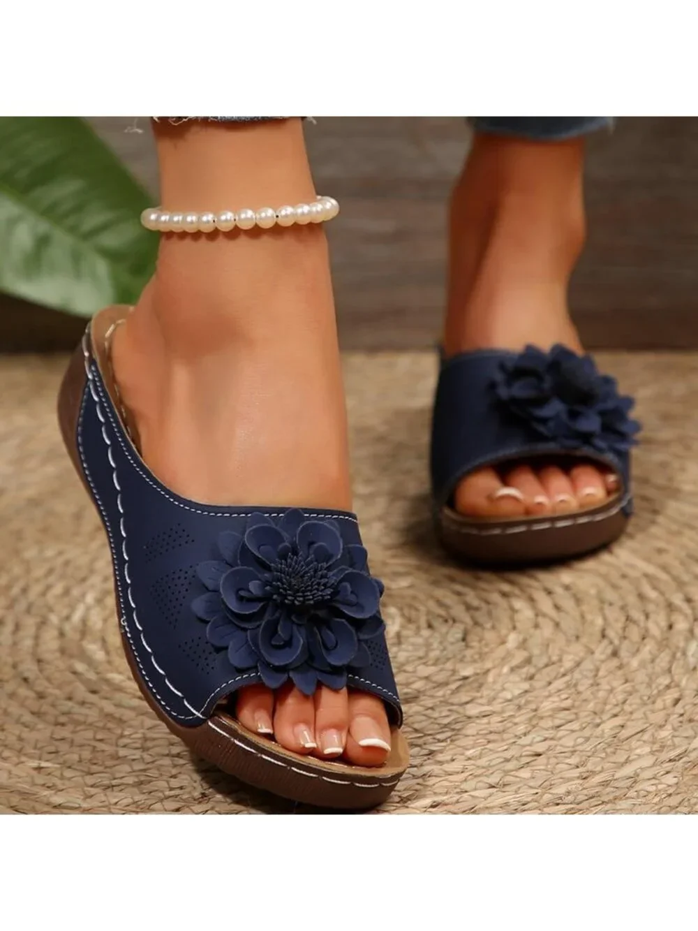 Women's Blue Faux Leather Summer Wedge Low Open Toe Slides Dressy Flower Sandals